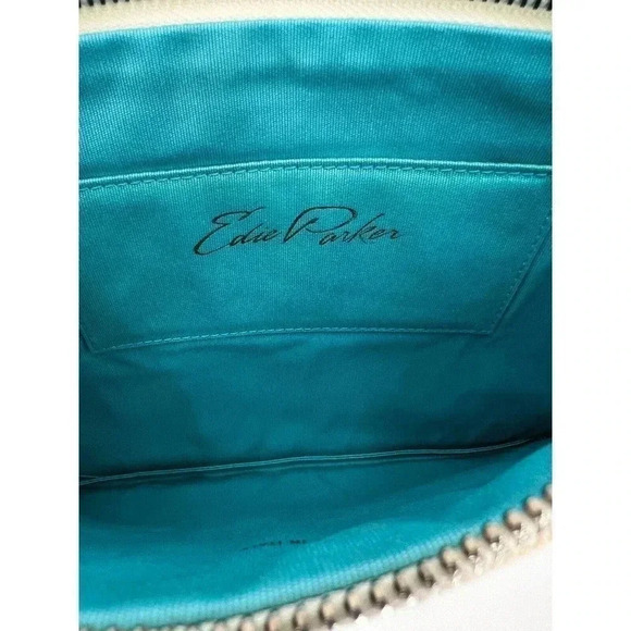 Edie Parker Heart Zip Pouch Vermillion Hearts Front Neutral on Back 11.5Wx8Hx1D